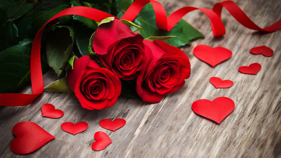 Romantic Red Roses With Hearts Wallpaper