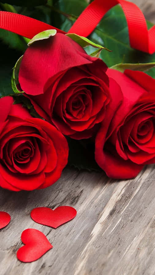 Romantic Red Roses With Hearts Wallpaper