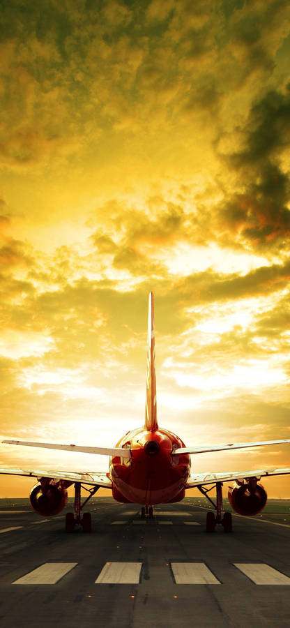 Runway With A Red Airplane Android Wallpaper