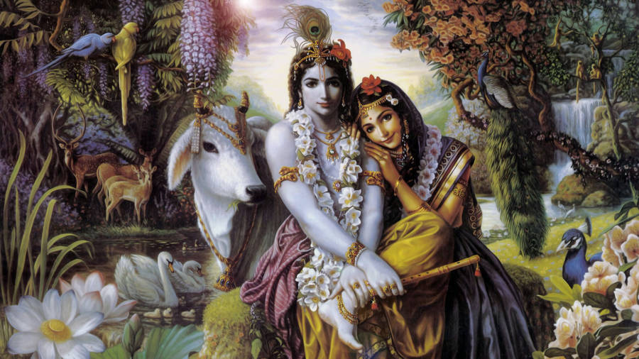 Sacred Cow, Radha, And Hindu God Krishna Wallpaper