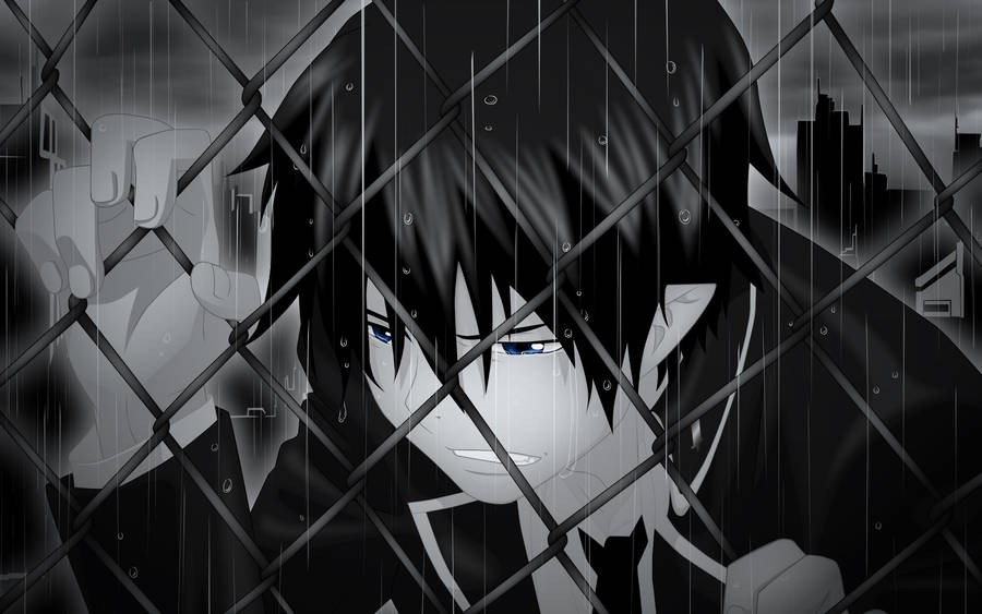 Sad Anime Boy Mournfully Sitting In The Rain Wallpaper