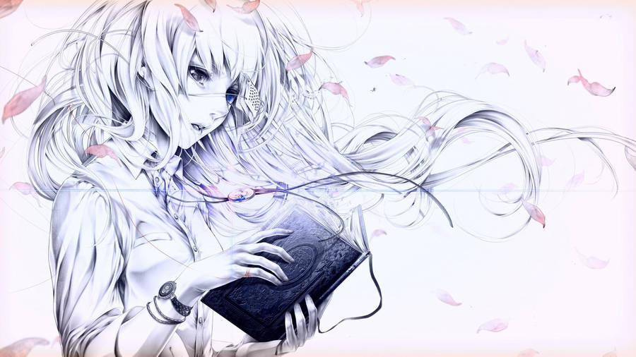 Sad Anime Girl Black And White With A Book Wallpaper