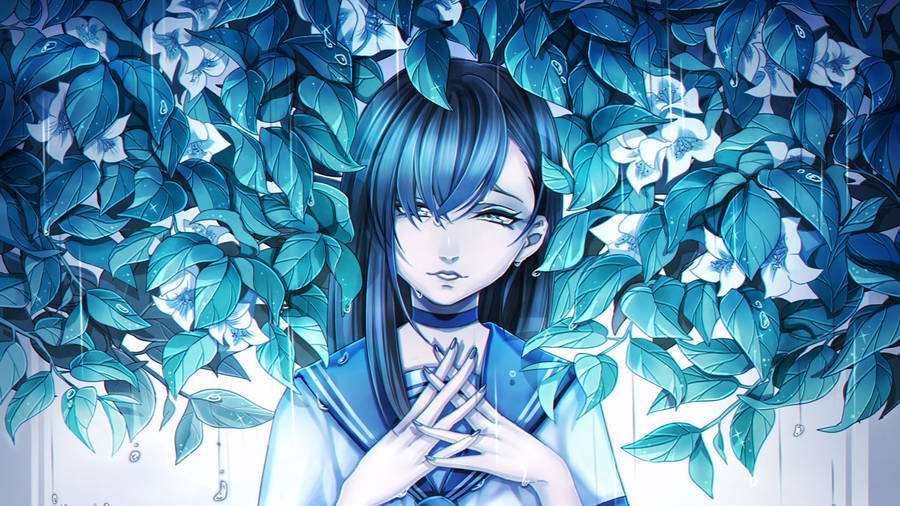Sad Anime Girl With Leaves Wallpaper