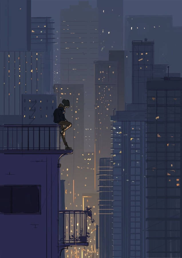 Sad Boy Anime Night City Lights Wallpaper