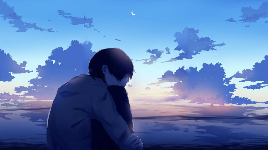 Sad Boy Near Cloudy Sky Wallpaper