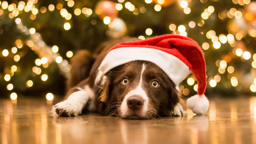 Sad Christmas Dog Near Tree Wallpaper