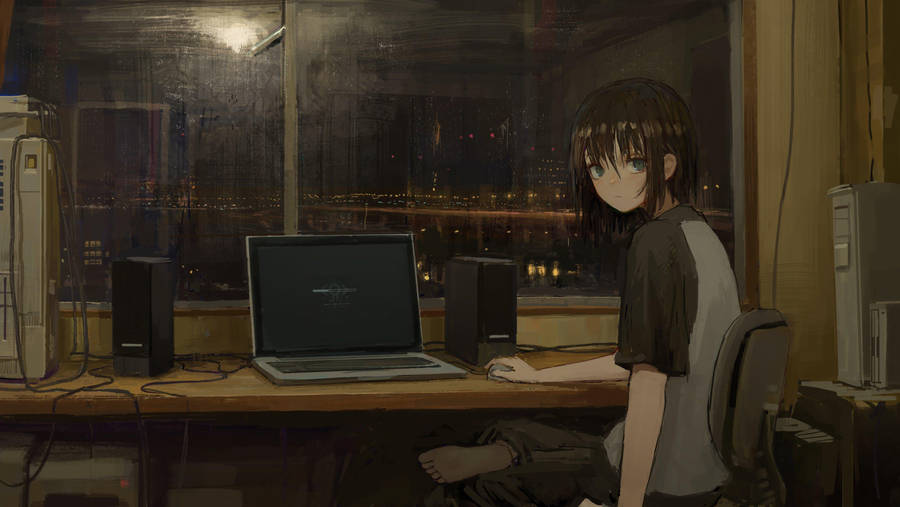 Sad Girl Aesthetic Anime Girl By Desk Wallpaper