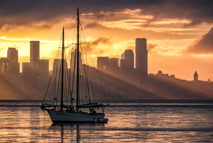 Sailing Boat And Sunset In Seattle Wallpaper