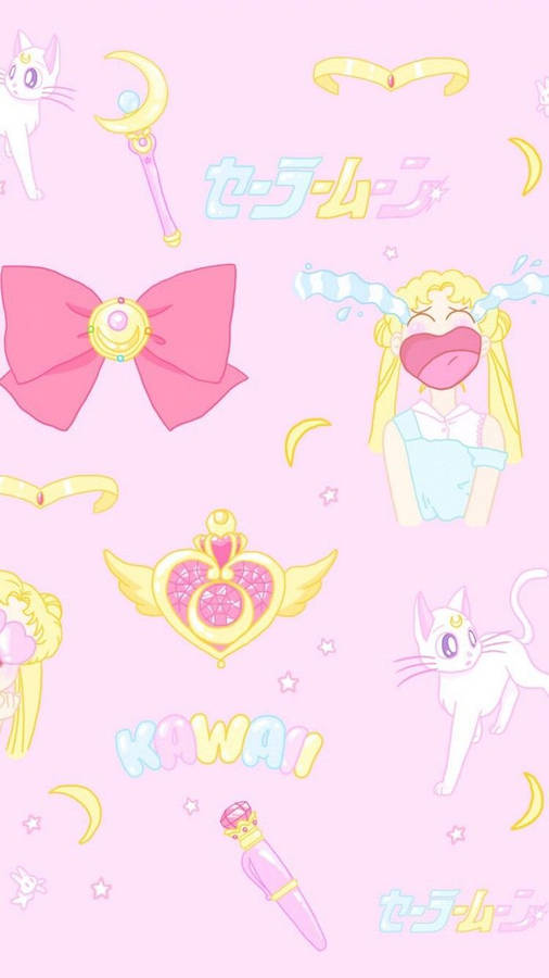 Sailor Moon Elements On Kawaii Pink Background Wallpaper