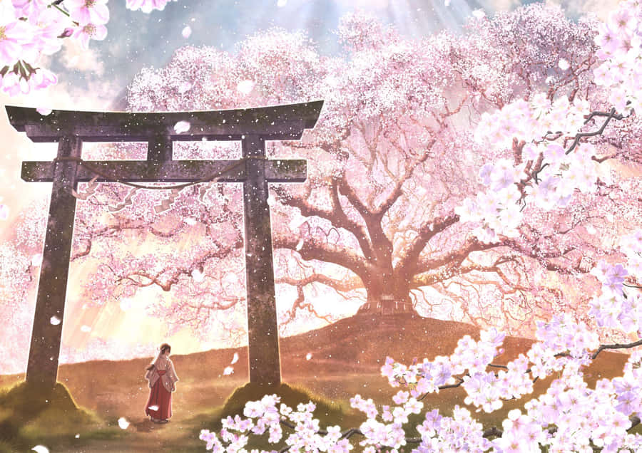 Sakura Blossom Shrine Anime Art Wallpaper