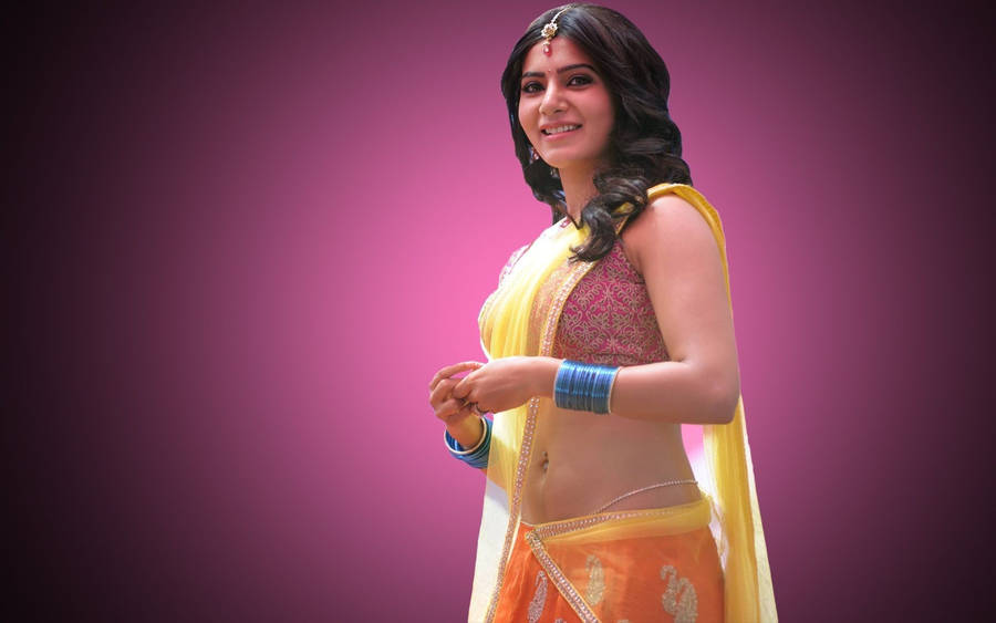 Samantha Saree Pink Background Wallpaper