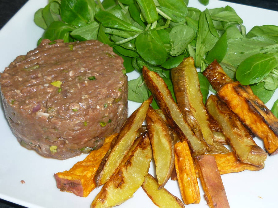 Savor The Delicacy Of Steak Tartare Served With Golden Potatoes Wallpaper