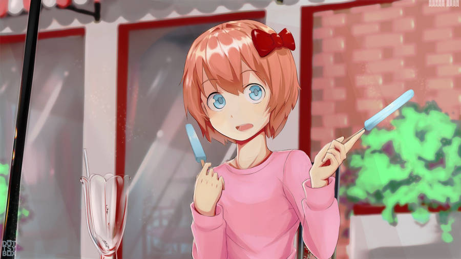 Sayori With Popsicles Doki Doki Literature Club Wallpaper