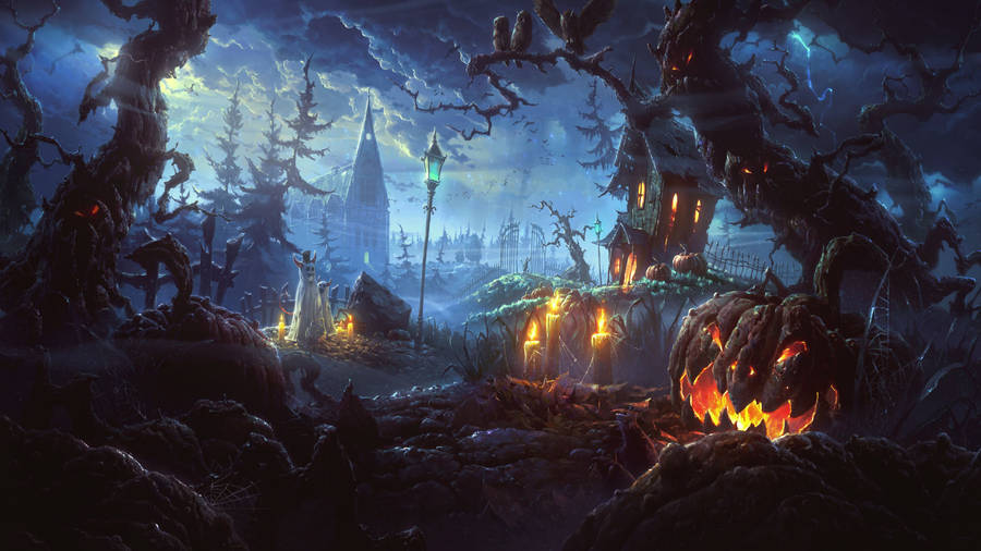 Scary Halloween Night In Graveyard Wallpaper