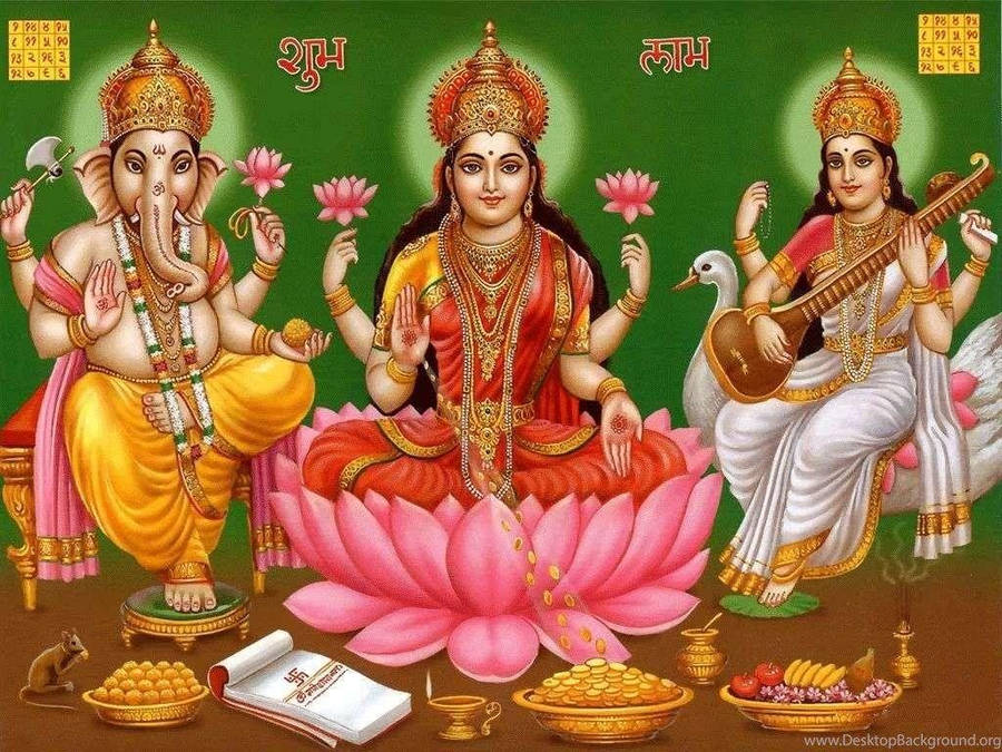 Serene Divine Trio: Goddess Lakshmi, Saraswati, And Lord Ganesh Wallpaper