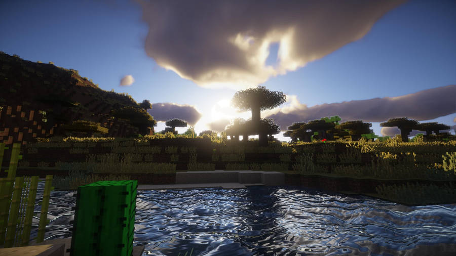 Serene Lake Sunset In Minecraft Pc Wallpaper