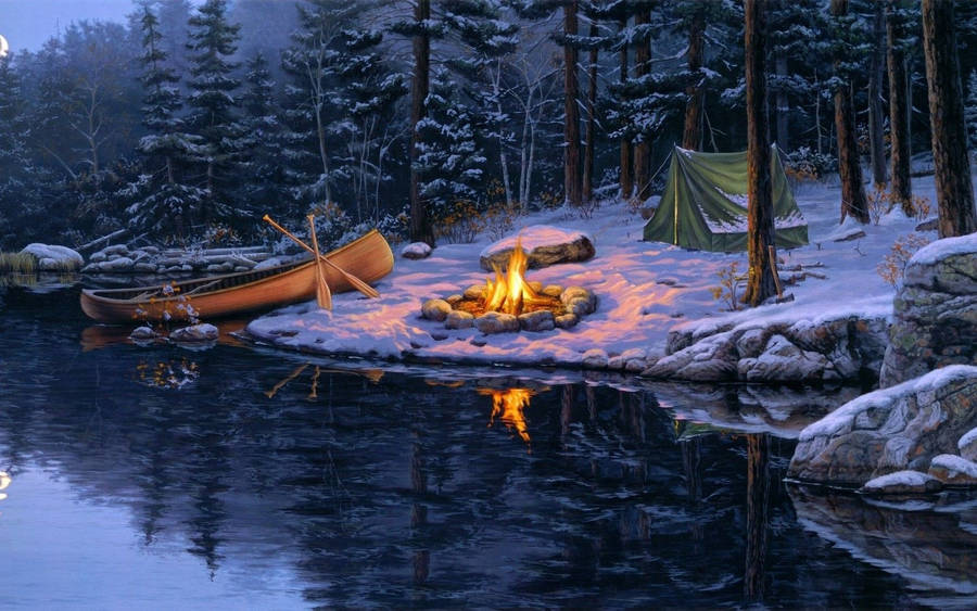 Serene Lakeside Camping Experience With Boat Wallpaper