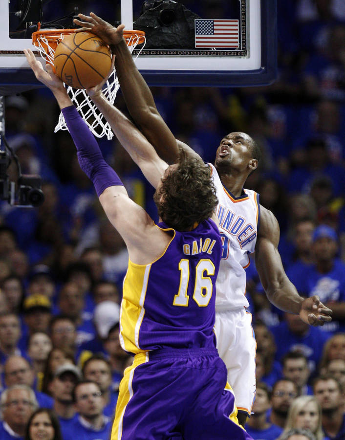 Serge Ibaka Blocking Pau Gasol Wallpaper