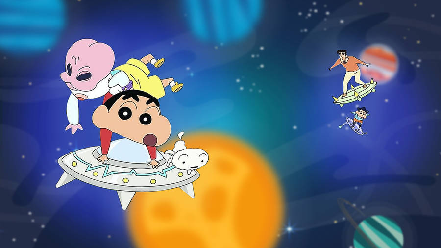 Shin Chan Cartoon Family In Space Wallpaper