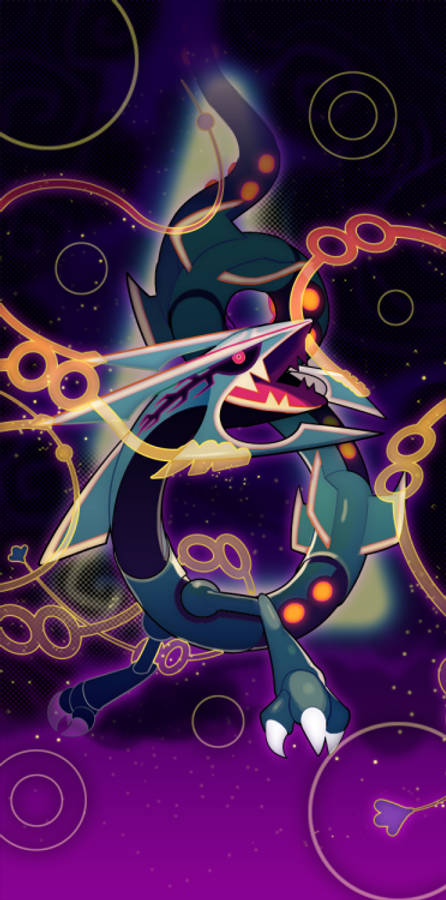 Shiny Rayquaza Slinks Through A Purple Smoke-filled Sky Wallpaper