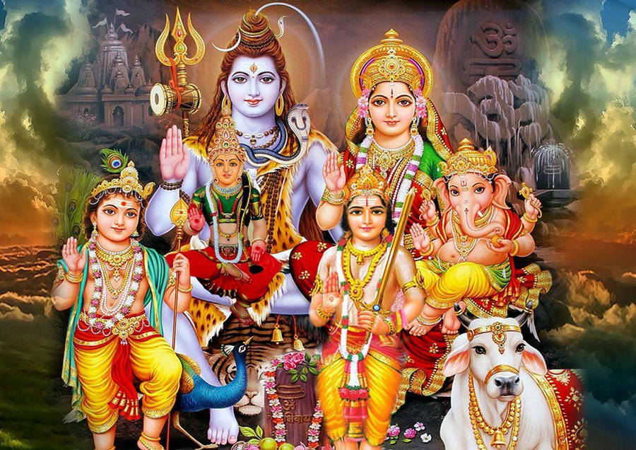 Shiv Parivar With Three Children Wallpaper