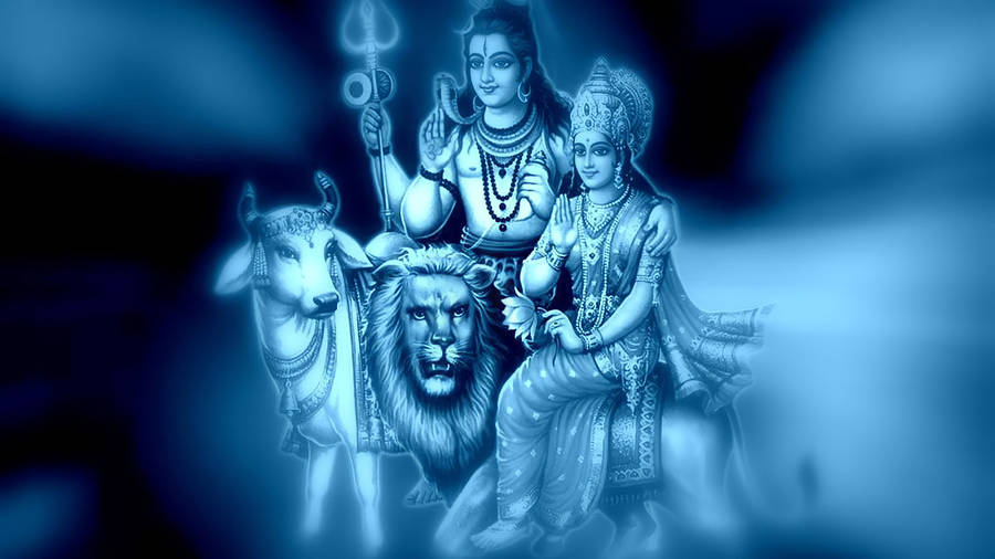 Shiv Parvati Hd Blue-themed Poster Wallpaper