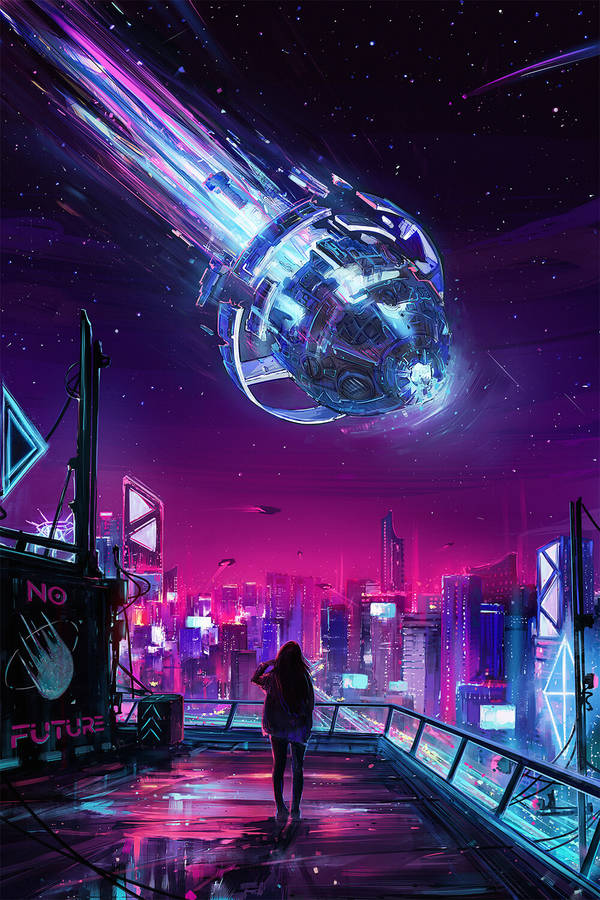 Sick Phone Woman Futuristic City Wallpaper