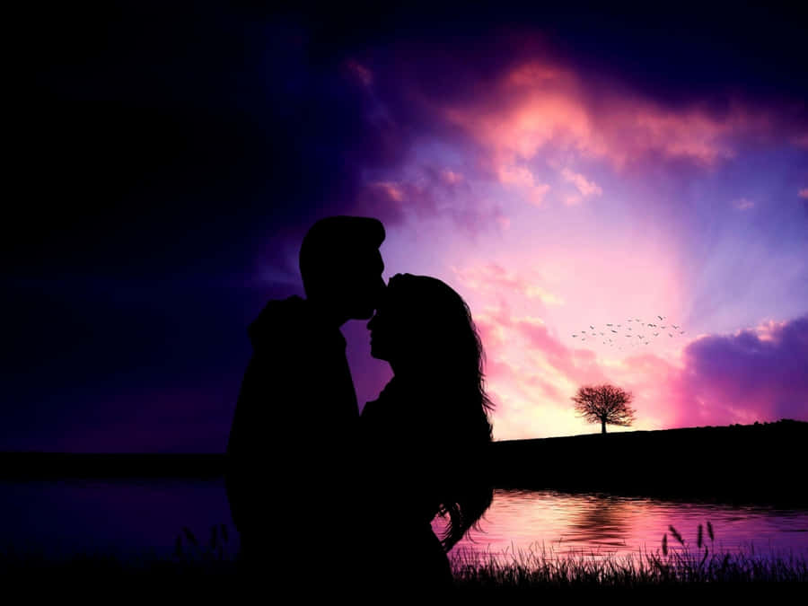 Silhouette Couple Sunset Romance Wallpaper