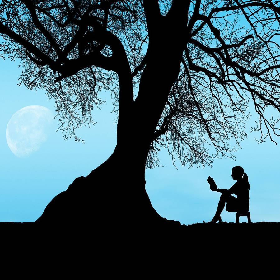 Silhouette Girl Reading Under Tree Wallpaper