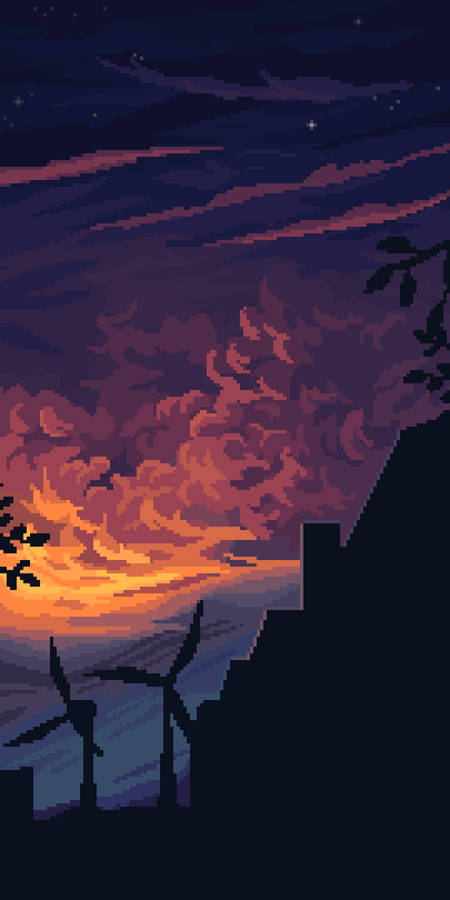 Silhouette Of Wind Mills In Aesthetic Pixel Art Wallpaper