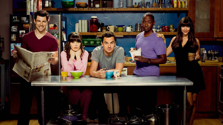 Sitcom New Girl's Cast Behind Apartment's Kitchen Wallpaper