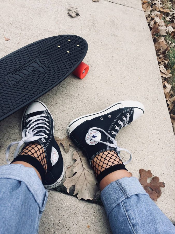 Skater Girl Converse Shoes Fishnet Socks Skater Aesthetic Wallpaper