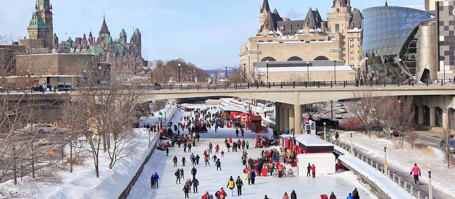 Skiing Over The Frozen Rideau Canal, Ottawa Wallpaper