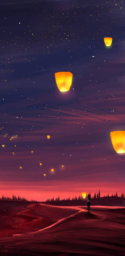 Sky Lantern Illustration Aesthetic Tablet Wallpaper