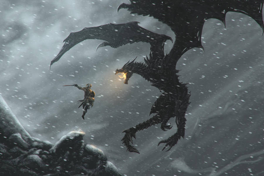 Skyrim Warrior And Dragon Battle Wallpaper