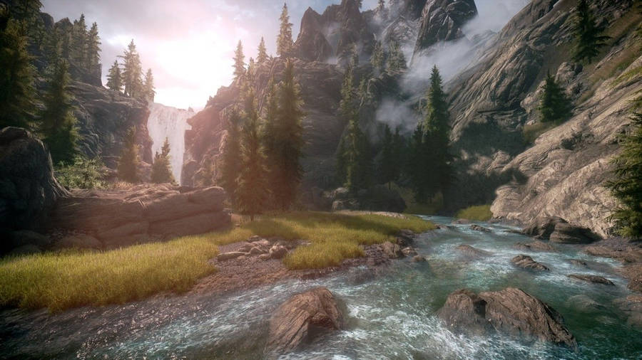 Skyrim Waterfalls Landscape Wallpaper