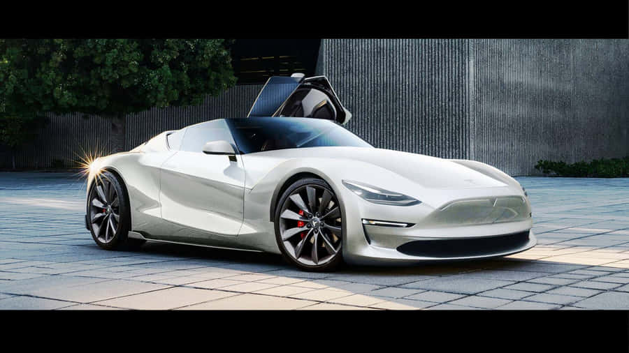 Sleek Tesla Roadster Charging Under City Lights Wallpaper