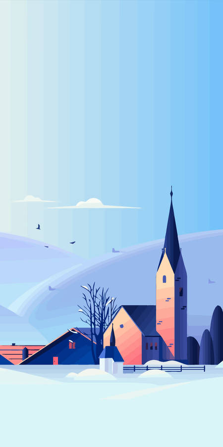 Snow-covered Church Illustration Iphone Wallpaper