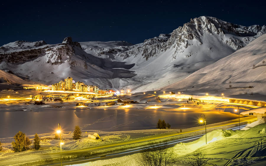 Snow Mountain Night In Village Wallpaper