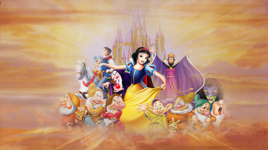 Snow White And The Seven Dwarfs In Clouds Wallpaper