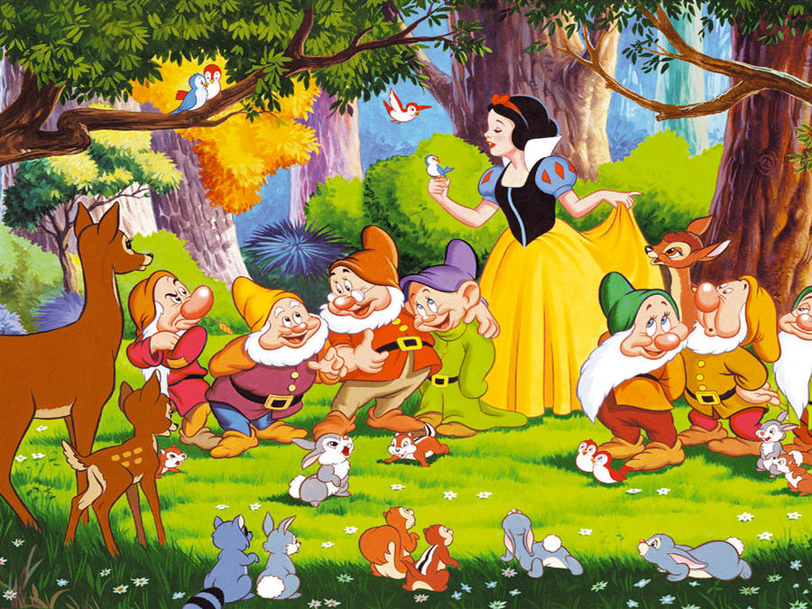 Snow White And The Seven Dwarfs In Forest Wallpaper