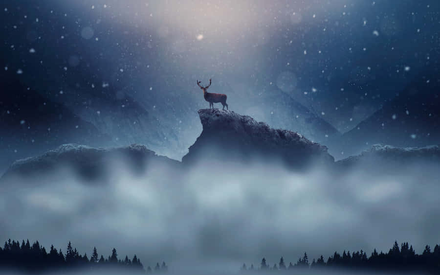 Snowfall Night Deer Mountain Wallpaper