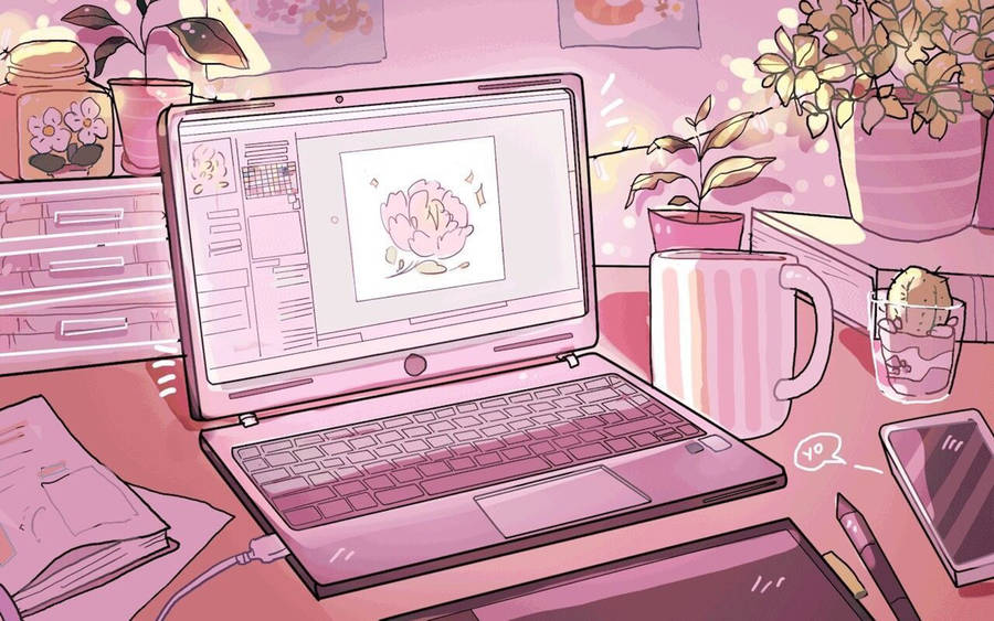 Soft Aesthetic Study Table Setup Wallpaper