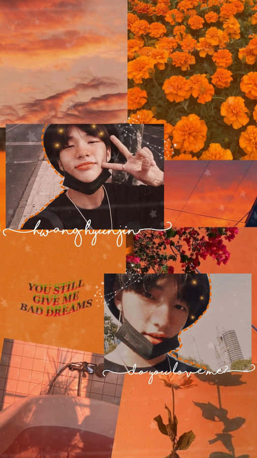 South Korean Singer Hyunjin Orange Aesthetic Collage Wallpaper