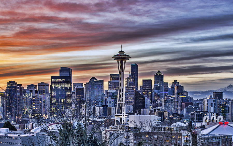 Space Needle Dark Clouds Sunset Wallpaper