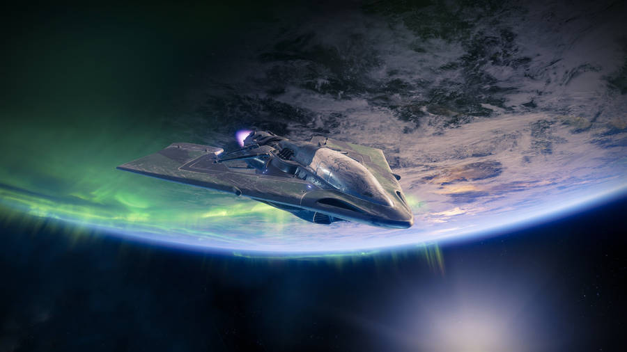 Spaceship And Aurora Borealis Wallpaper