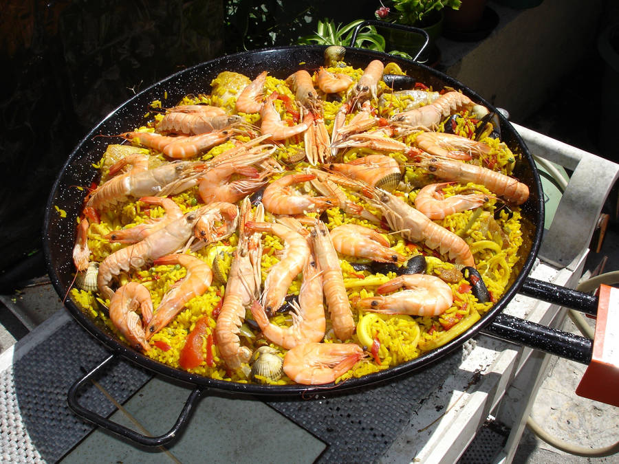 Spanish Paella Prawns On Yellow Rice Wallpaper