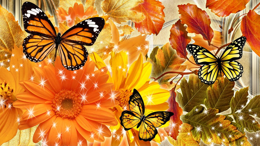 Sparkling Aesthetic Orange Butterfly With Flowers Wallpaper