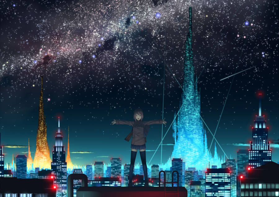 Sparkling Anime City Behind Girl Wallpaper