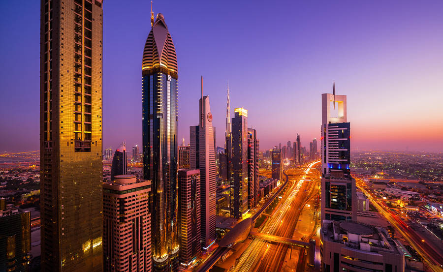 Spectacular Night View Of Sheikh Zayed Road, Dubai, United Arab Emirates Wallpaper